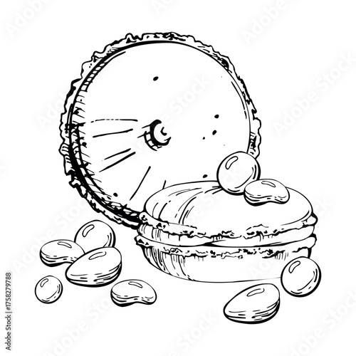 Whoopie pies, sandwich cakes and airy macarons with sweet candy dragees. Isolated hand drawn vector ink illustration. Festive food tags, cafe dessert bundles, recipe visuals, bakery sticker designs.