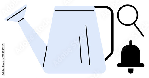 Watering can for nurturing plants, magnifying glass for focused observation, and bell for alerts. Ideal for gardening, research, observation, notifications, growth exploration teaching. Simple flat