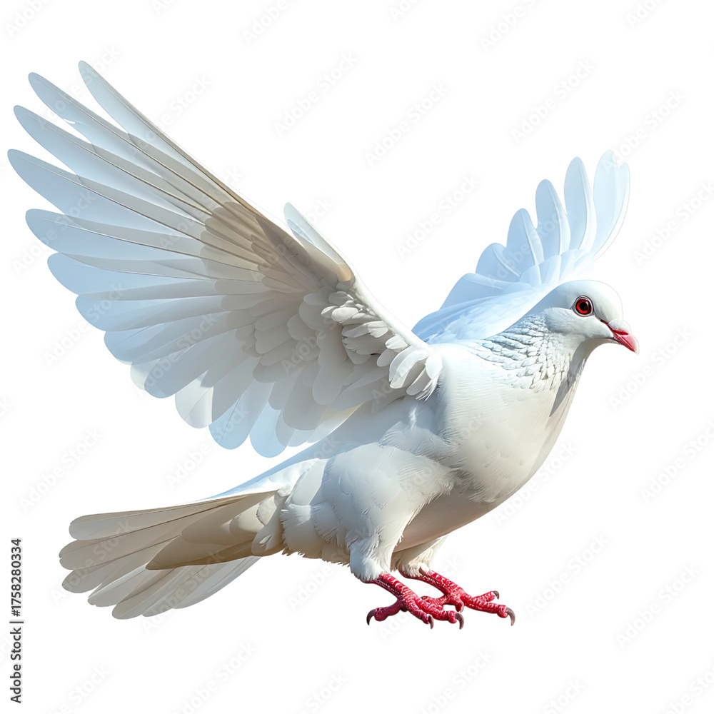 Fototapeta premium Beautiful white dove in flight with wings spread, showcasing grace and freedom against a bright background