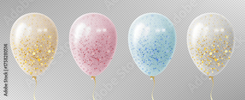 Transparent balloon collection with realistic golden, pink and blue glitter for party or celebration decorations. Glossy inflated spheres with gold strings and sparkles. Colorful festive elements.