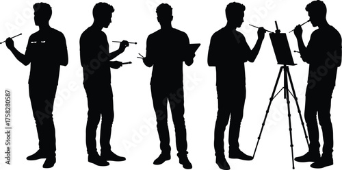 Painter silhouette illustration, artist with brush, canvas easel pose, creative gesture, palette in hand, black icon, painting activity