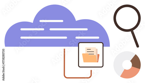Cloud structure linking to file folder, magnifying glass, pie chart. Ideal for cloud service, data storage, file sharing, analytics, technology research organization. Simple flat metaphor