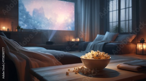 Wallpaper Mural A bowl of popcorn on a wooden table in a cozy home cinema room with beds, blankets, candles, and a projector screen showing a movie. Torontodigital.ca