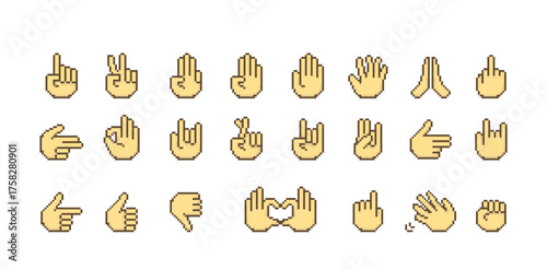 Communication elements set with various hand gestures, emojis, and emoticons pixilated, 8-bit style