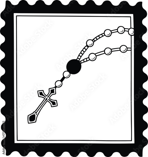 Simple black and white illustration of a catholic rosary with a cross detail