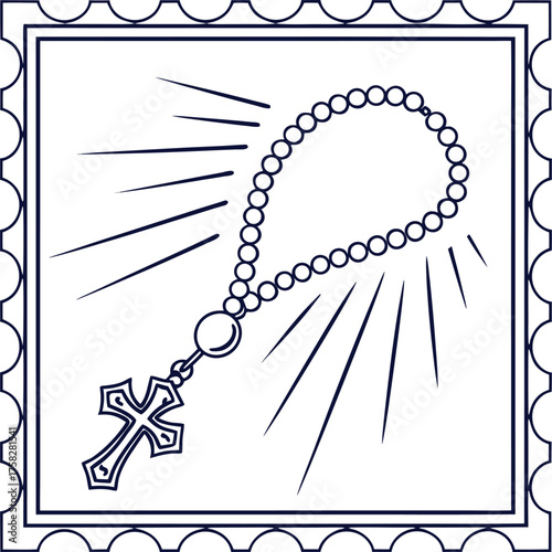 A simple line drawing of a catholic rosary with a cross and radiant rays