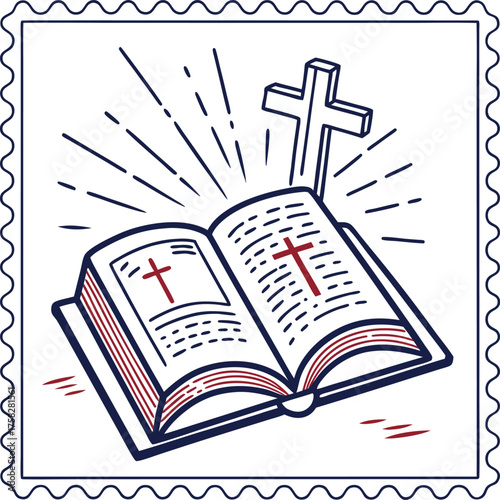 Illuminated holy bible with a christian cross symbol shining light and divine inspiration