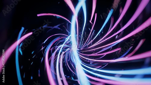 Abstract tunnel with swirling neon light streaks in shades of pink and blue