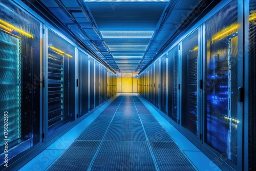 Data center interior with illuminated racks and blue lighting showcasing advanced technology