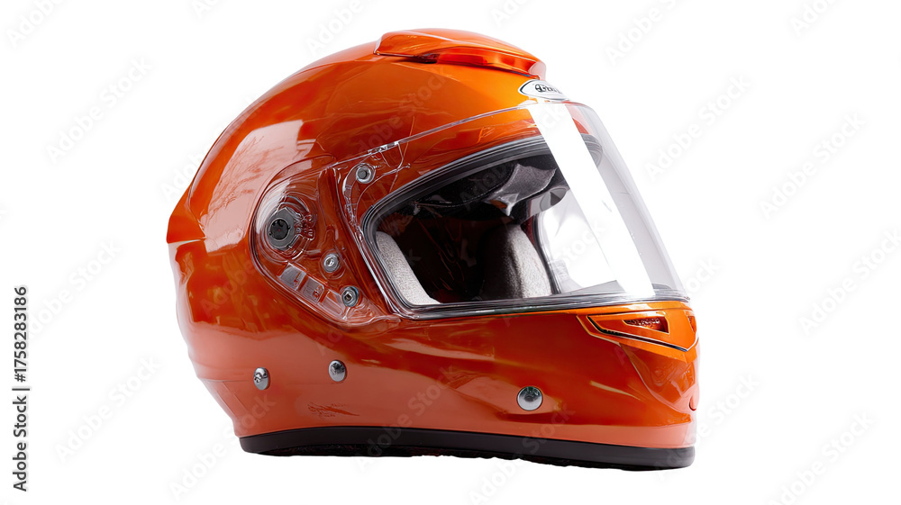 Fototapeta premium Orange motorcycle helmet with glossy protective shell modern motorbike safety gear and stylish riding accessory isolated on white background