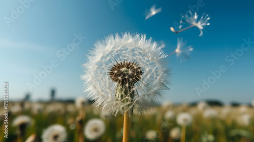 Fototapeta Naklejka Na Ścianę i Meble -  Dandelion Seeds Flying in a Clear Blue Sky on a Sunny Day, Blowing dandelion seeds in clear blue sky.