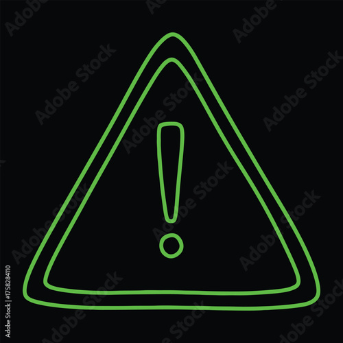 Neon green warning caution sign on dark background triangular shape safety alert danger hazard attention required beware