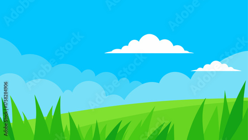 Vibrant cartoon landscape with green hills and blue sky