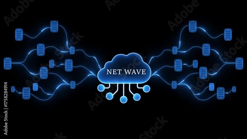 Digital Net Wave Network Connection with Glowing Blue Lines and Data Blocks on Black Background image