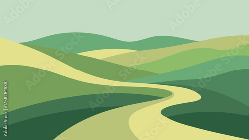 Stylized winding road through rolling green hills under a pale sky