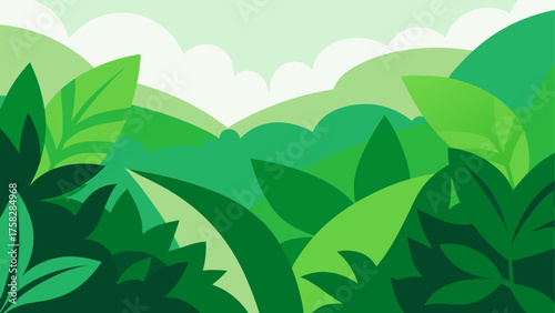 Vibrant green tropical foliage and rolling hills landscape