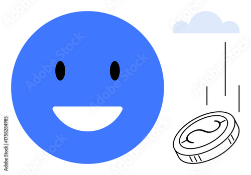 Blue smiling face and falling coin with upward motion lines, hinting at joy, profit, success, and opportunity. Ideal for finance, positivity, wealth, business success motivation simple flat