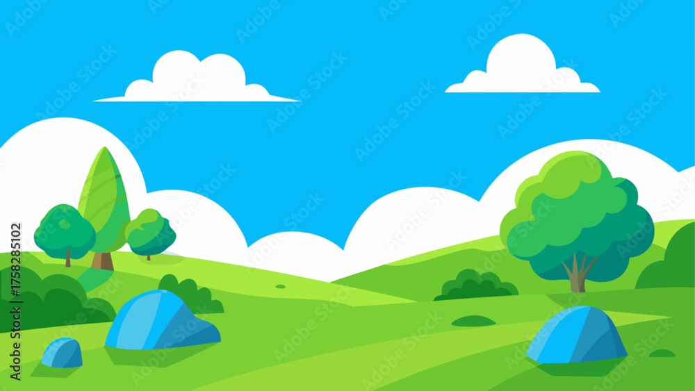 Obraz premium Vibrant cartoon landscape with rolling green hills and blue sky