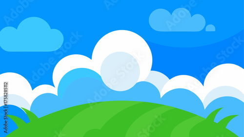 Vibrant cartoon landscape with rolling green hills and fluffy blue sky clouds