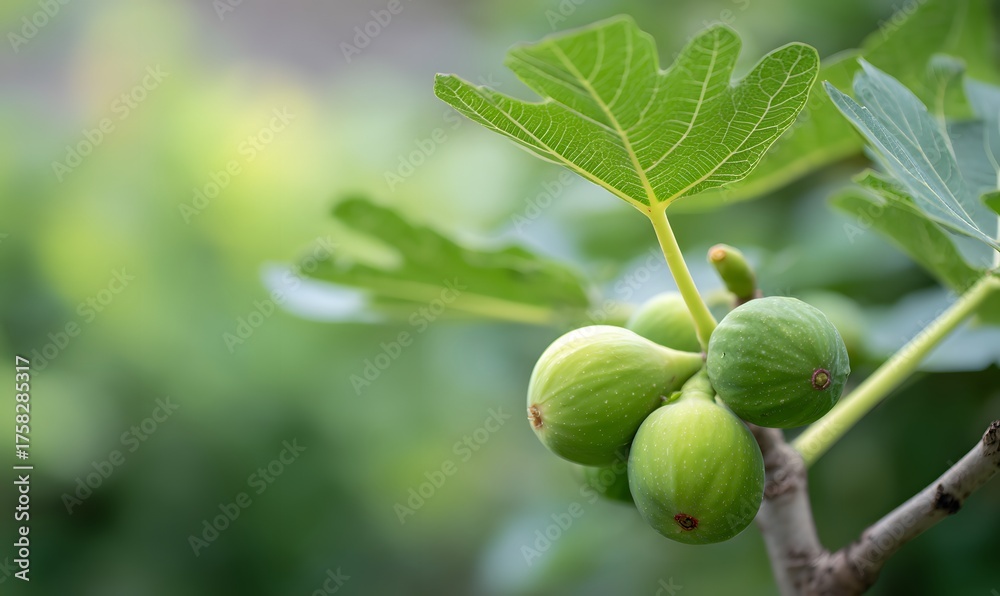 Fototapeta premium green figs and fig leaves in a garden setting, soft focus background