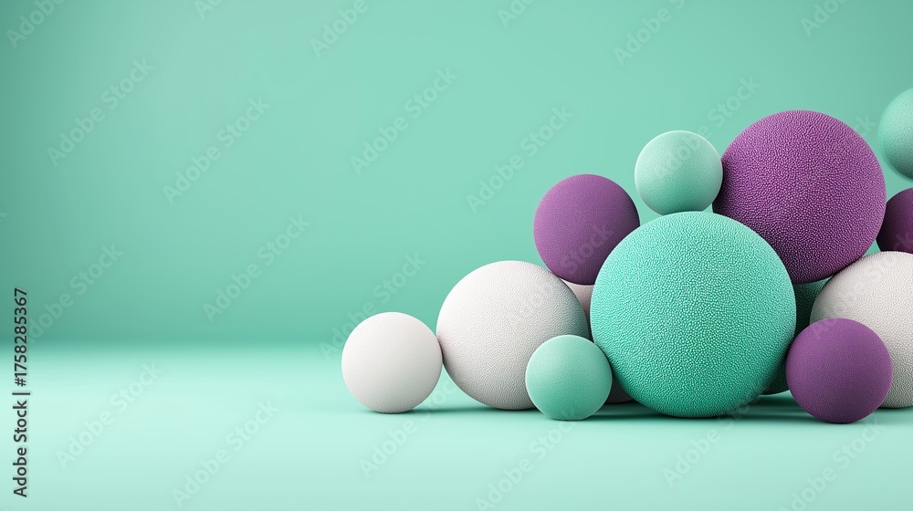 Fototapeta premium Colorful 3D spheres on mint background playful geometric composition minimal design