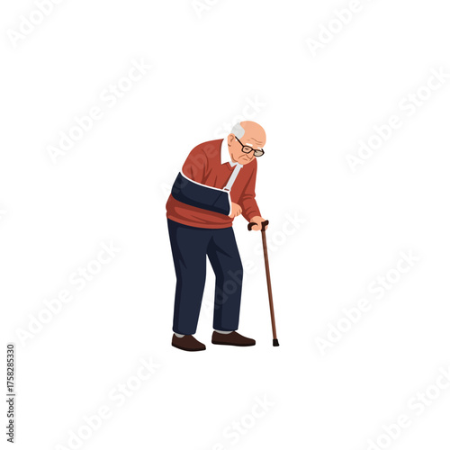 Elderly Man With Arm Sling And Cane Walking Slowly.