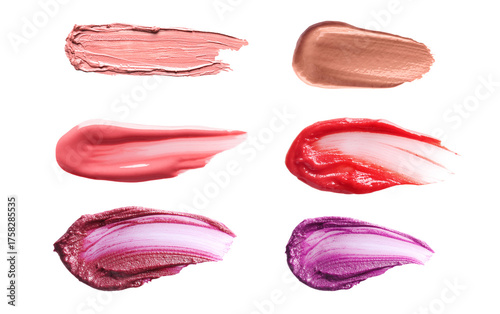 photograph of six vibrant cosmetic makeup swatches, showcasing different textures and shades of pink, nude, red, and purple lipstick or lip gloss products.