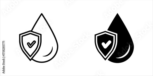 Waterproof icon set. Water resistant symbol. Water protection, liquid proof protection. Shield with water drop. Anti wetting material, surface protection. Waterproof logo, label, badge, line, vector.