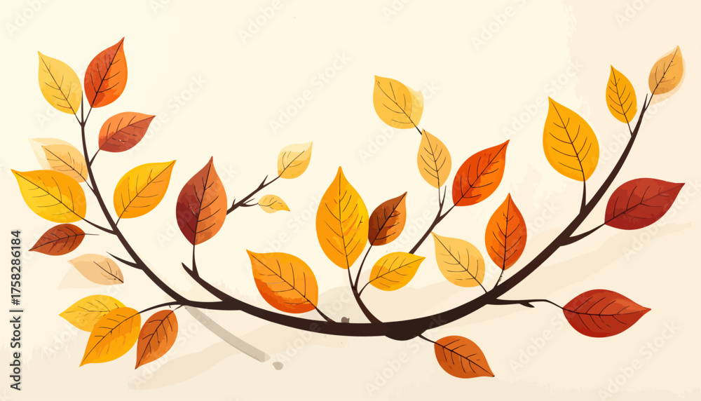 Fototapeta premium Stylized illustration of a curved tree branch with colorful fall leaves against a beige backdrop