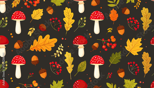 A whimsical, seamless pattern featuring autumnal elements on a dark background