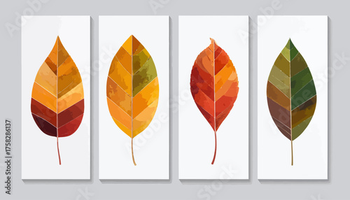 Four abstract watercolor leaves in autumn colors, arranged in a row on separate white canvases