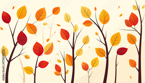 Abstract illustration of stylized autumnal trees with vibrant leaves on a cream background