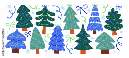 Hand drawn Christmas trees collection decorated with festive ribbons and bows seasonal artistry