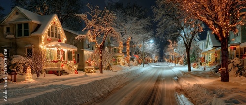 Snowy houses glow with holiday lights on a peaceful winter street.