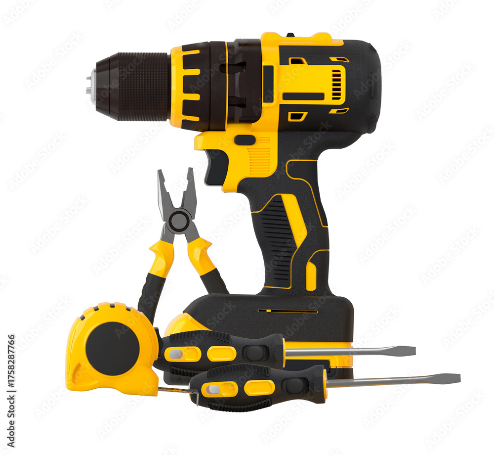 Fototapeta premium photograph of a professional black and yellow cordless drill positioned centrally among various hand tools, including pliers, tape measure, and screwdrivers, isolated on a transparent background.