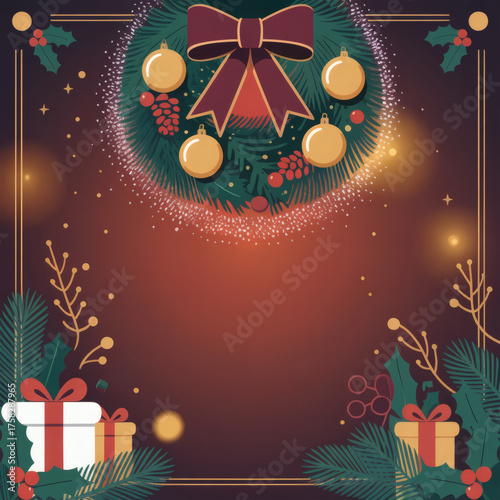 Red Gold Christmas Wreath Background with Gift Decorations