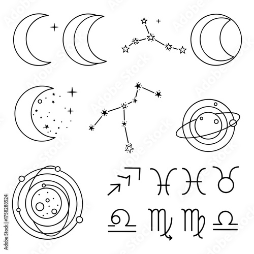 Vector art of collection of celestial elements and zodiac signs, perfect for astrology themes