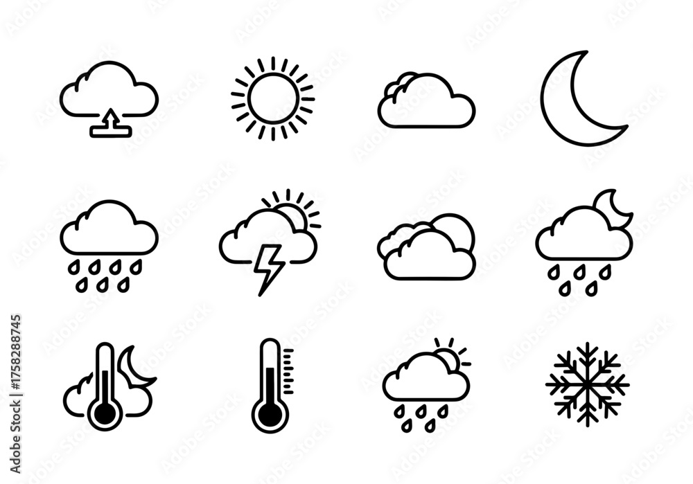 Obraz premium Vector art of set of weather icons, including sun, cloud, rain, moon, and temperature symbols