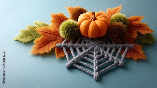 Autumn leaves with pumpkin and cozy web holiday fall season and