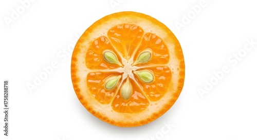Fresh, juicy kumquat slice, vibrant orange with visible seeds, isolated on a white background.