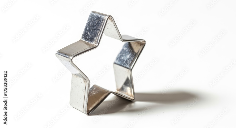 Fototapeta premium Metallic star cookie cutter on a white background, casting a distinct shadow.