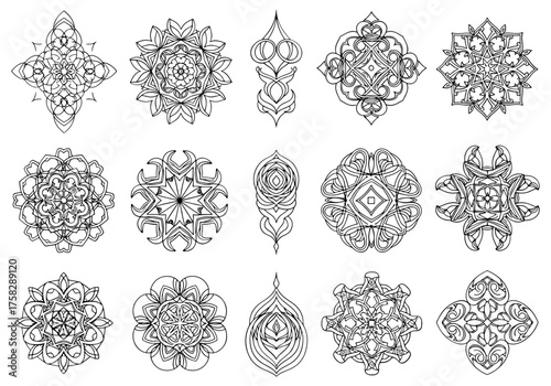 Vector art of set of fifteen hand drawn mandalas for coloring book or tattoo design