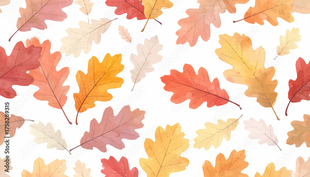 Fototapeta premium Watercolor illustration with scattered oak leaves in fall colors against a white background