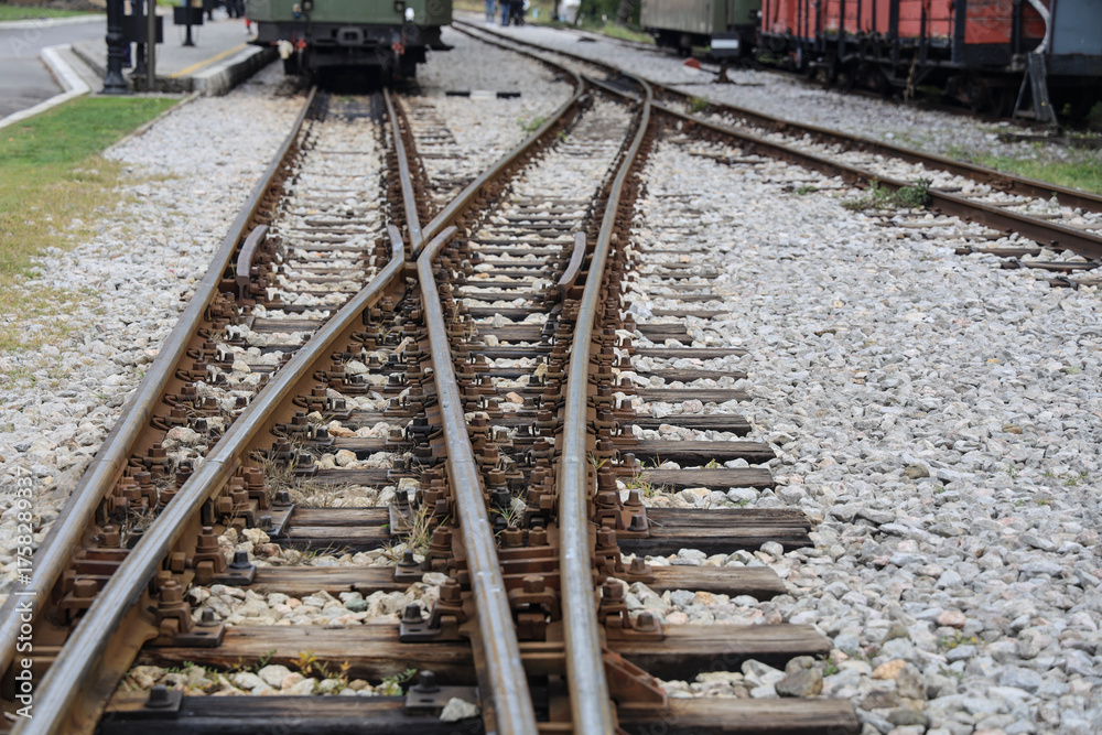 Obraz premium Intersecting Train Tracks and Switches narrow-gauge RAILWAY TRANSPORT - Turnouts on the railway siding in long perspective. Sargan Eight -- Mokra Gora, Serbia