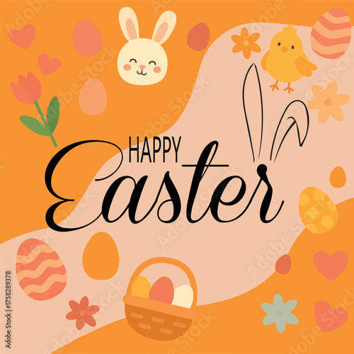 cute happy easter card. cartoon illustration with rabbit and flowers.