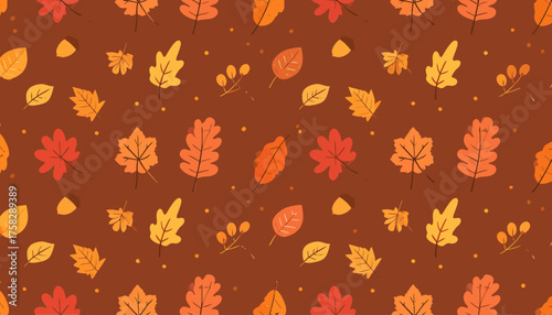 A repeating pattern featuring various autumn leaves and small berries on a brown background