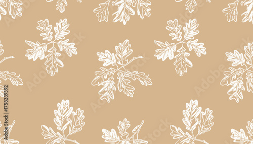 Pattern of white oak leaf outlines on a tan background, a repeating natural design