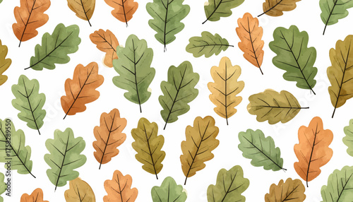 Watercolor-style illustration of oak leaves in various autumnal colors scattered on white