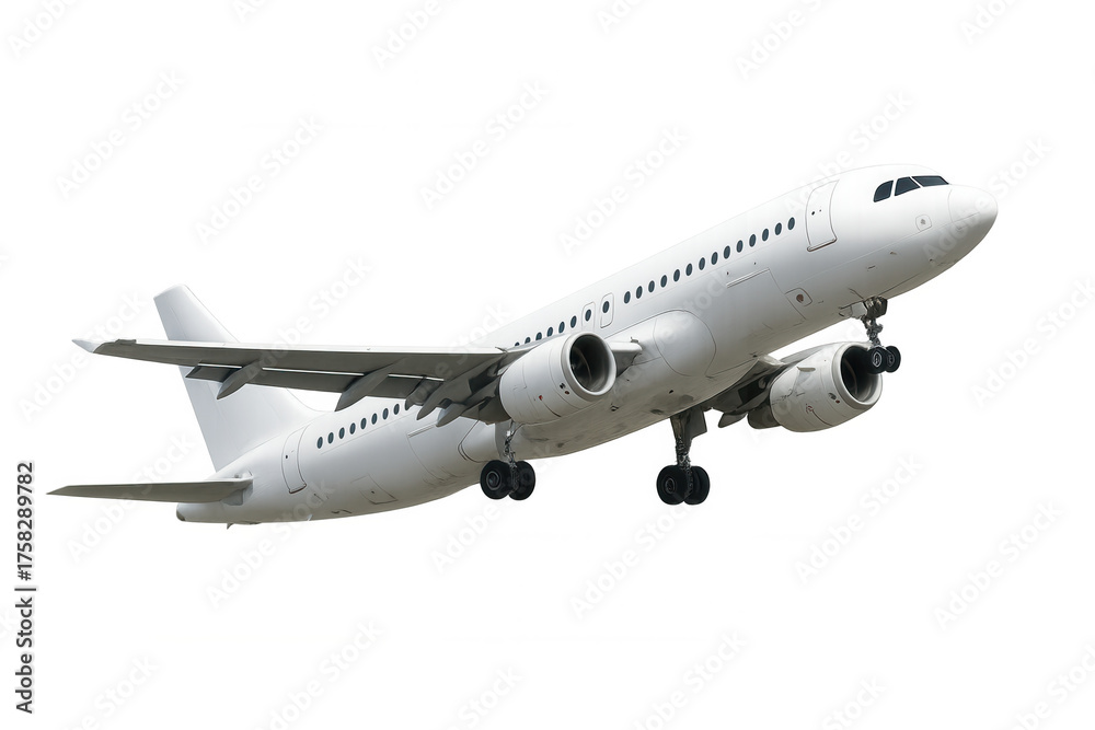 Obraz premium White passenger airplane taking off, commercial aircraft flying with landing gear extended, travel and aviation concept