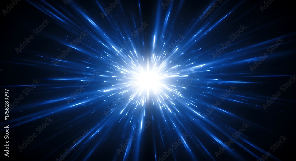 Fototapeta premium Abstract bright light explosion with dynamic blue rays against dark backdrop